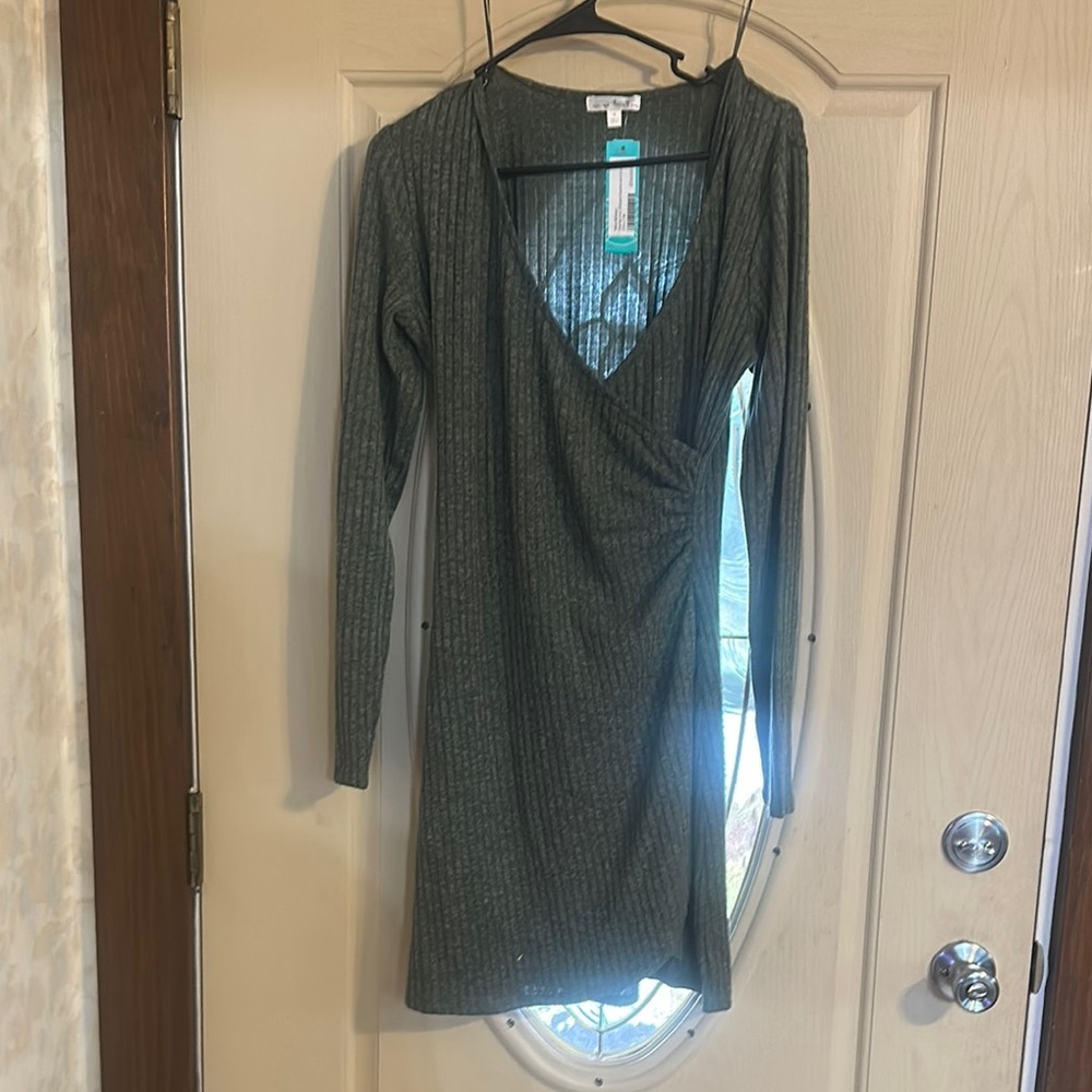 Olive Knit Ribbed Heathered Long Sleeve Dress Medium